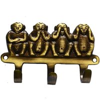 Brass Metal Made Monkey Group Design Wall Hanging Key Holder - 11x4x8 cm, Yellow Color, Handmade Artwork, Indoor Use, No Assembly Required