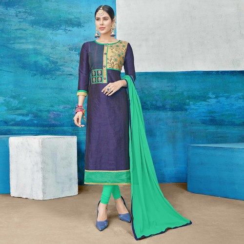 Cotton Silk Embroidered Unstitched Straight Suit - Free Size, Blue and Green, Full Sleeves Design with Matching Nazmeen Dupatta and Indo Cotton Bottom, Breathable and Washable for Casual Wear