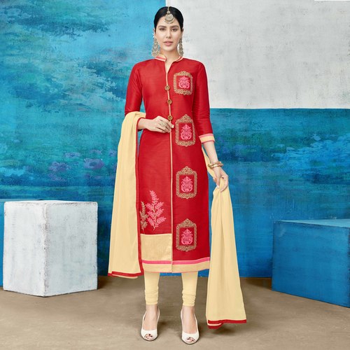 Cotton Silk Embroidered Straight Suit Dress Material - Free Size, Red and Cream Colors, Full Sleeves, Breathable and Washable with Matching Nazmeen Dupatta