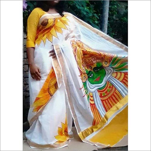 Yellow And White Cotton Printed Sarees