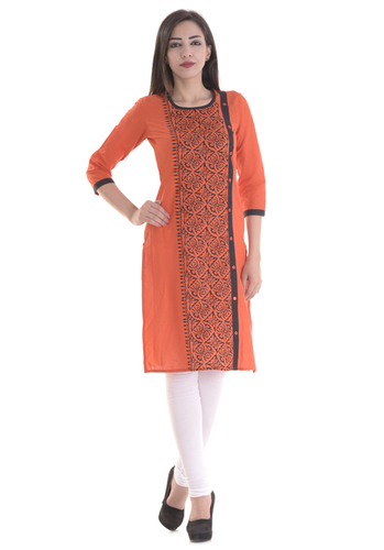 Ladies Designer Kurti - 100% Cotton, Sizes S-xxl, Orange Color, 3/4th Sleeves, Printed Design | Eco-friendly, Lightweight, Versatile For Daily And Ethnic Wear