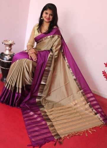 Tussur And Pink Cotton Silk Saree