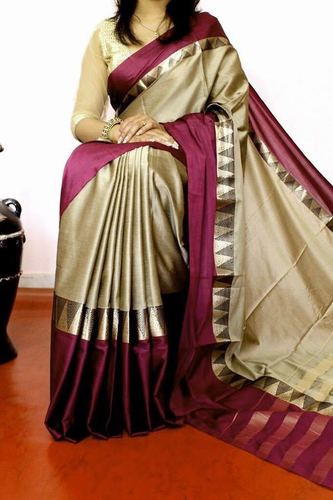 Tussur And Purple Exclusive Designer Cotton Silk Saree