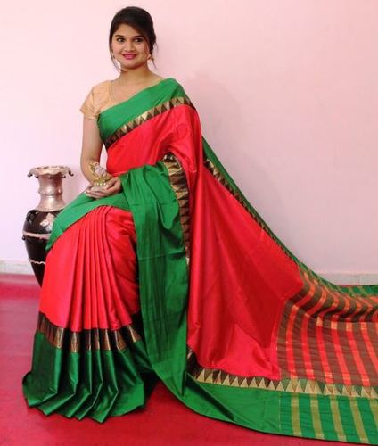 Pink And Green Handloom Party Wear Saree - Cotton Silk, 6.3 Mtr Length With Blouse | Soft Fabric, Normal Wash, Stylish South Indian Design