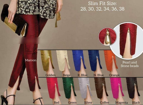 Ladies Cotton Pants - Canvas Material, 36 inches Length, Waist Size 28 to 38, Available in Red, Green, Black, Gray, White, Blue, Yellow, Navy Blue, Magenta, Orange | Slit Cut Hem, Washable, Dry Cleaning, Cool Pass, Plus Size Design