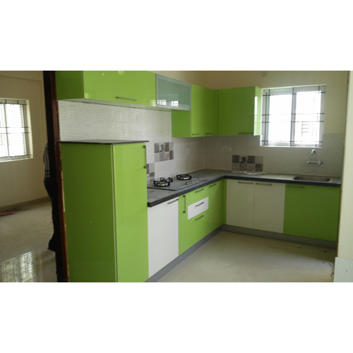 Modular Kitchen Interiors - Wood & Laminate, L-Shape Design | Customizable, Durable, Space-Saving, Glossy Finish, Easy Install