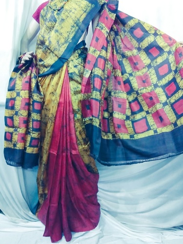 Pink With Yellow Silk Batik Printed Saree