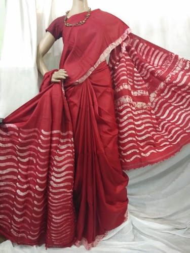 Red printed batik silk saree