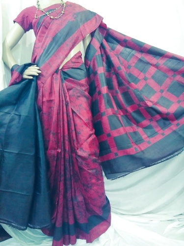 Pink Printed Batik Silk Saree - Rich Pink and Dark Grey Color Combination | Luxurious Silk, Included Blouse Piece, All-Season Versatility, Color Guarantee