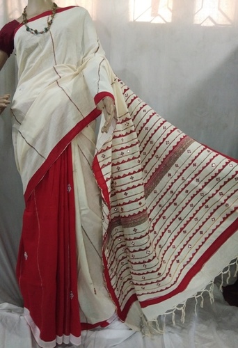 Hand Print White And Red Handloom Handpainted Cotton Saree
