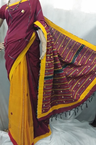 Yellow and maroon hand printed Handloom cotton saree