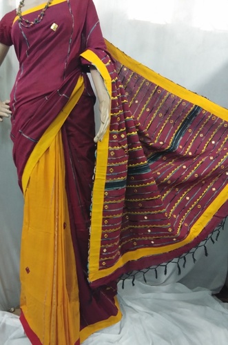 Bangali Yellow And Maroon Hand Printed Handloom Cotton Saree