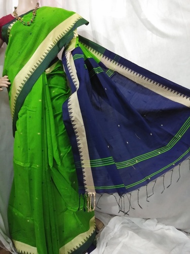 Plain Green N Blue Handloom Cotton Silk Saree