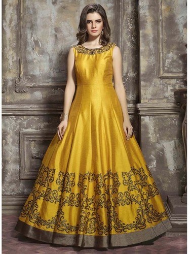 Yellow Silk Embroidery Ball Gown - A-Line Style for Women | Elegant Design, Dry Clean Only, Ideal for Ceremonies