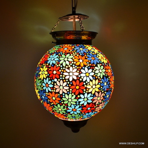 ANTIQUE MULTI COLOR MOSAIC HANGING BALL SHAPE LAMP WITH FITTING
