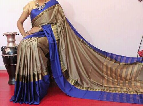 Handloom Designer Cotton Silk Saree - Soft Cotton Silk Fabric 6.3 Mtr Length With Blouse, Tussur And Blue Color, Elegant Zari Work