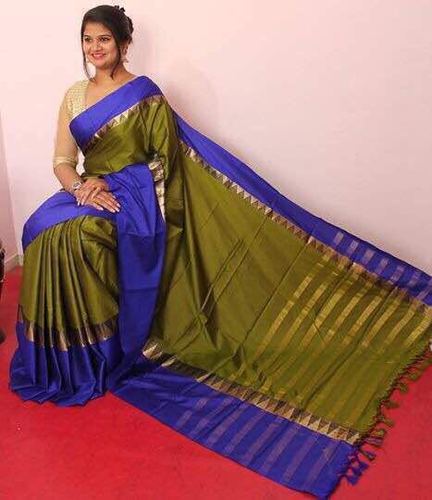 Green And Blue Designer Cotton Silk Saree - Cotton Silk Fabric, 6.3 Mtr Length With Blouse , Ideal for South Indian Traditional Wear