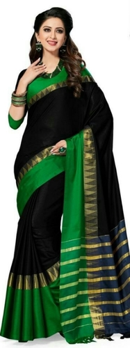 Black And Green Handloom Saree - Cotton Silk, 6.3 Mtr Length With Blouse | Soft Material, Normal Wash Using Shampoo, South Style