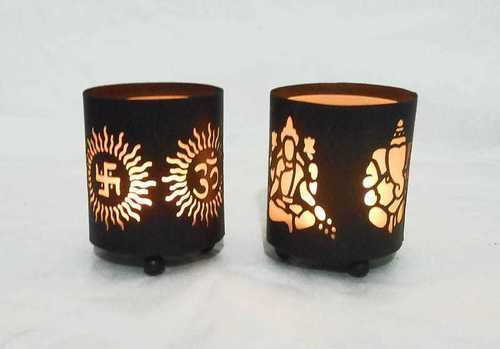 OM- Laxmi-Ganesh Candle Stand Pair - Metal, 4 Inch Height, Matte Black | Elegant Design, Intricate Carvings, Religious Motifs