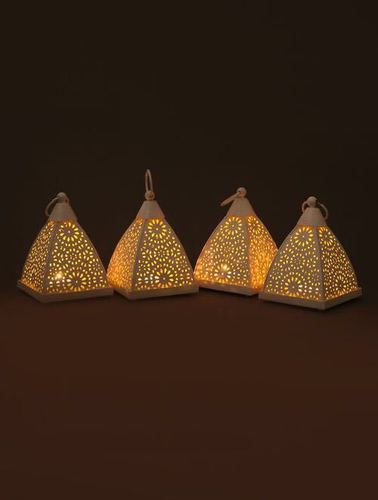 Metal Candle Lanterns - Metal & Glass, 4x4x5 Inches, Off-White | Elegant Design, LED Ambient Lighting, Pyramid Style