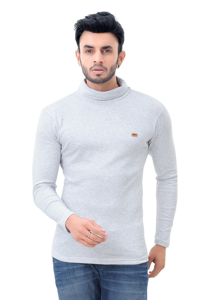White Milange Men'S Hi-Neck Full T-Shirt