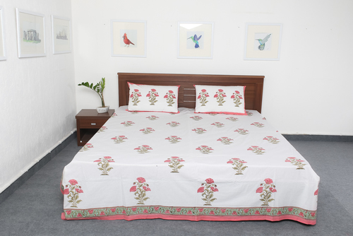 Jaipuri Block Printed Cotton Bed Sheet Set - 90x108 Sq. Inches, Eco-friendly White Design With 2 Matching Pillow Covers