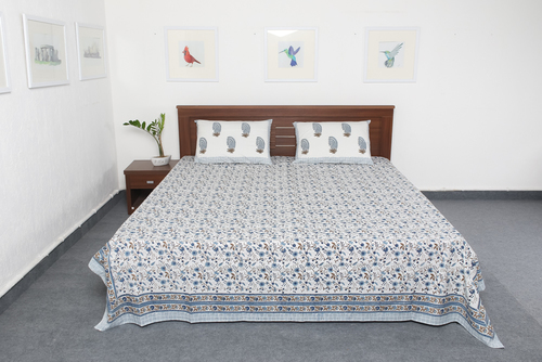 Jaipuri Block Printed Double Bed Sheet - 100% Cotton 90x108 Inches White Color | Eco-Friendly Includes 2 Matching Pillow Covers Traditional Rajasthani Artistry