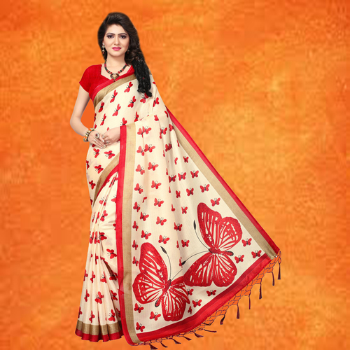 White Butterfly Printed Khadi Silk Saree