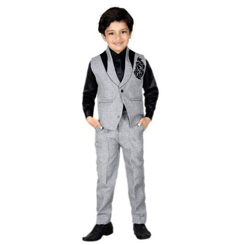 Kids Boys Jacket Suit - Polyester, Sizes 0-12 Years, Grey & Black | Stylish Design, Comfortable, Durable, Royal Look