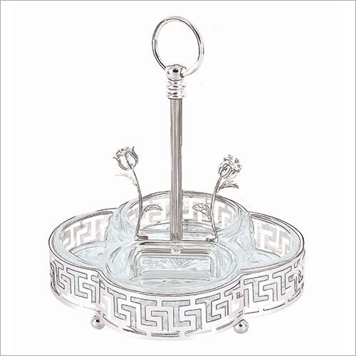 Bowl - 500 ml, 10x10x8 inches | Glass & Silver Plated, Polished Finish, Elegant Greek Key Style, Multi-Compartment, Durable & Space Saving Design