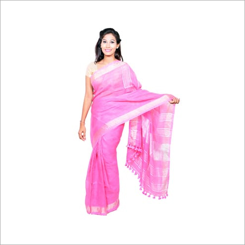 Pink Linen Saree - Handwoven, Plain Design, Zari Work | Elegant Comfort for All Occasions, Ideal for Casual Events and Celebrations