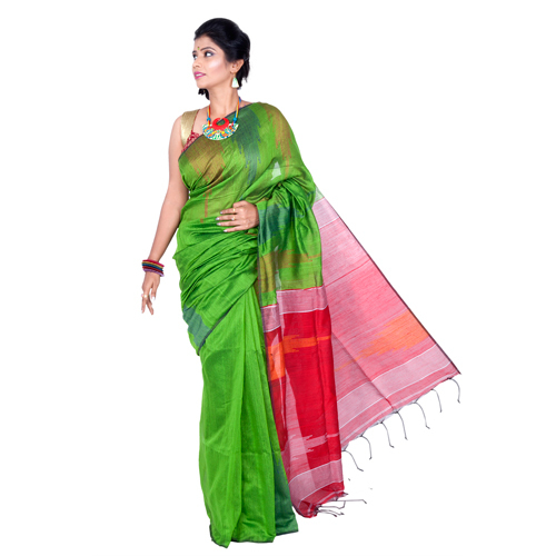 Handloom Cotton Silk Saree - Cotton Blend, Woven Patterns | Green Base, Elegant Handwoven Artistry, Comfortable Wear