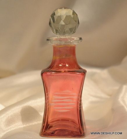 RED COLOR GLASS DECANTER WITH CLEAR GLASS STOPPER, RED PERFUME BOTTLE