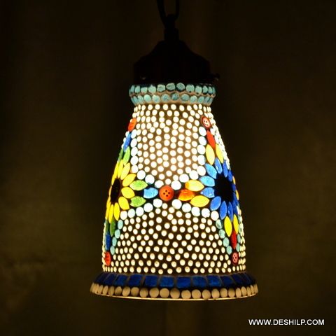 GLASS MOSAIC GANGING LAMP WITH FITTING, WHITE AND MULTI COLORED GLASS HANGING LAMP