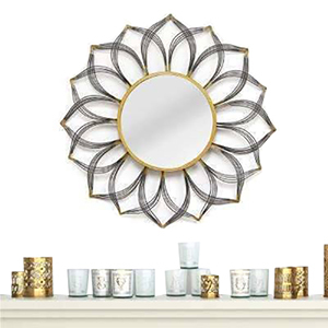 Flower Shaped Decorative Wall Mirror - 34 Inch Dia, Black & Gold Coated Iron | Handcrafted Modern Arts Design, Floral Theme, 3 Inch Width