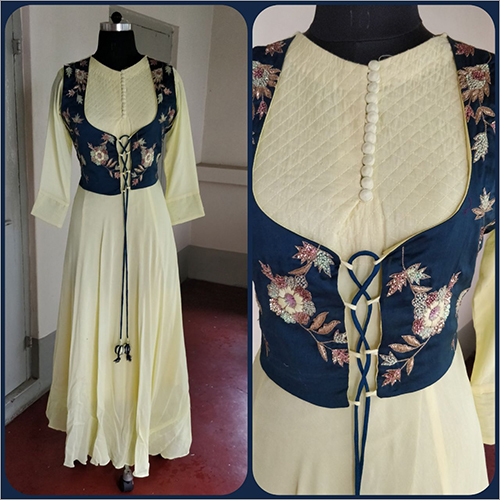 Salwar Suit - Cotton Fabric, Medium Size, Cream and Blue Print | Quick Dry, Washable, Full Sleeves, Elegant Shrug Koti Design