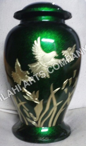Silver Green Marble & Brass Birds Urn
