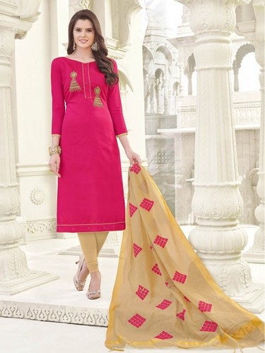 Chudidar Kameez - Cotton, Pink, Semi-Stitch, Embroidered | Elegant Design, Comfortable Fit, Party Wear