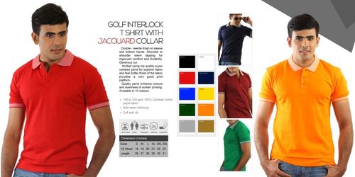 Red And Orange Golf Interlock T Shirts With Jacquard Collar