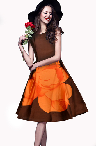 Ladies Satin Silk Flower Printed Western Wear Dress