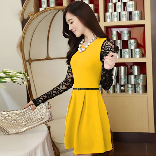 Premium Western Yellow And Black Net Sleeves Dress - Color: Multi Colour