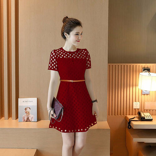 Red Cotton Summer Designer Dress With Golden Waist Belt - Color: Multi Colour