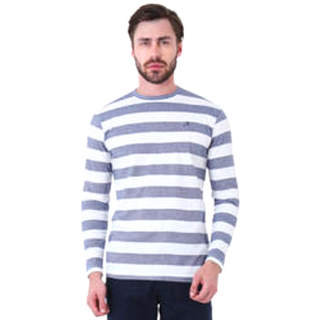Mens Full Sleeve Grey Striped Round Neck T Shirt