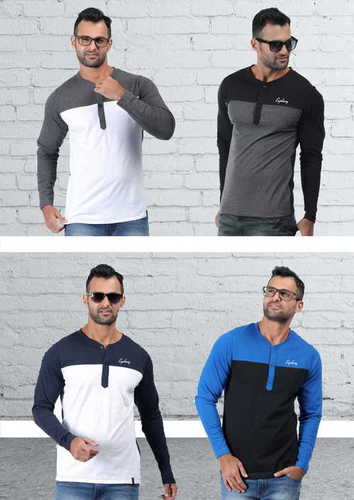 Mens Henley Tshirts Dual Colour Pattern - Cotton Fabric , Long Sleeve Striped O-Neck Casual Wear for Men in Multi Color