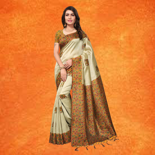 Cream And Brown Kashmiri Silk Printed Sarees