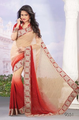Chiku & Red Designer Saree
