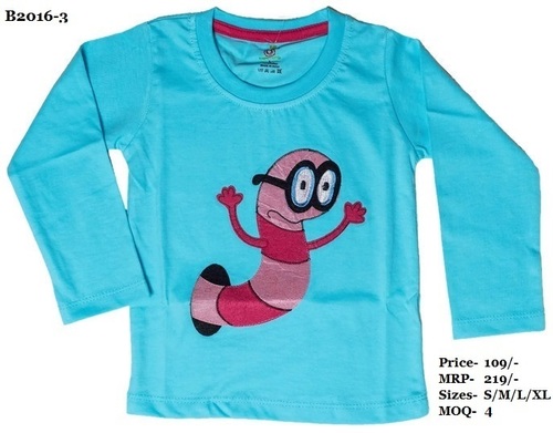 Kids Caterpillar Embroidery Design T-shirts - Melange/ Yellow/ L. Blue - Round Neck, Full Sleeve