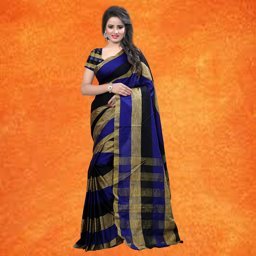 Purple And Gray Checks Cotton Sarees