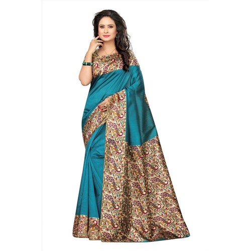 Kalamkari Printed Saree - Art Silk, 6.3 Meters with Blouse | Elegant Woven Border Design, Soft and Comfortable for Formal, Daily & Festive Wear