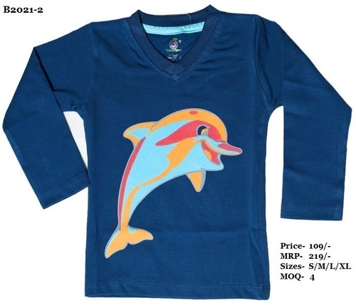 Kids Dolphin Design Printed T-Shirts - N. Blue/Peach/Yellow - V Neck, Full Sleeve Age Group: 0 To 4 Yrs